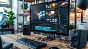 Bildschirm mit professioneller Videobearbeitungssoftware in einem kreativen Studio – präzise Bearbeitung für erstklassige Ergebnisse.