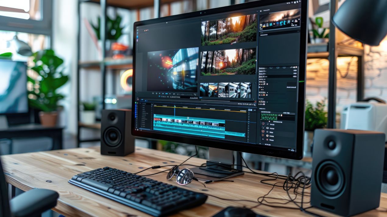 Bildschirm mit professioneller Videobearbeitungssoftware in einem kreativen Studio – präzise Bearbeitung für erstklassige Ergebnisse.