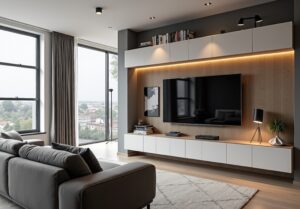 Wohnzimmer mit wandmontiertem Fernseher, LED-Beleuchtung und modernen TV Schrankelementen in weiss mit Holzverkleidung
