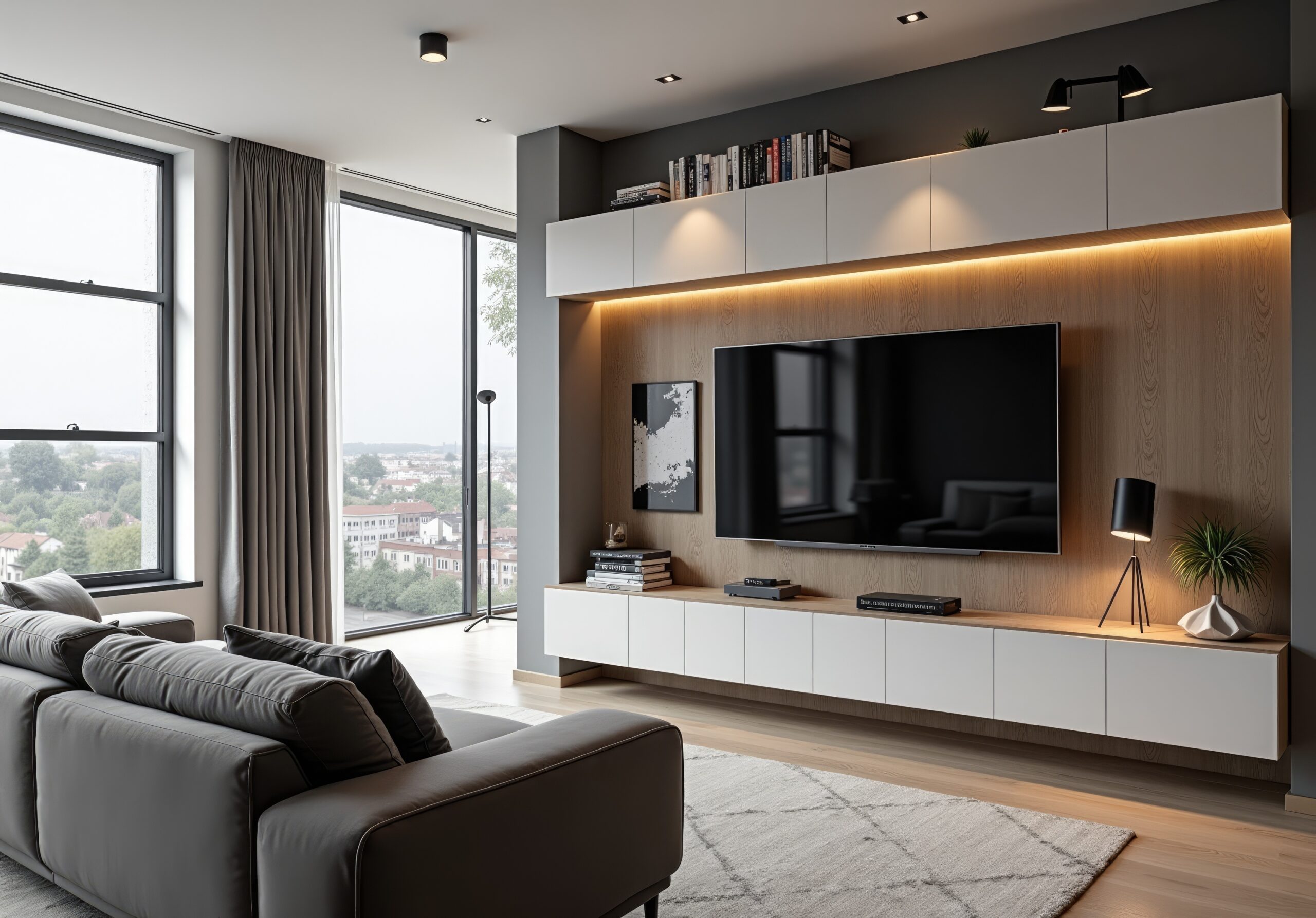 Wohnzimmer mit wandmontiertem Fernseher, LED-Beleuchtung und modernen TV Schrankelementen in weiss mit Holzverkleidung