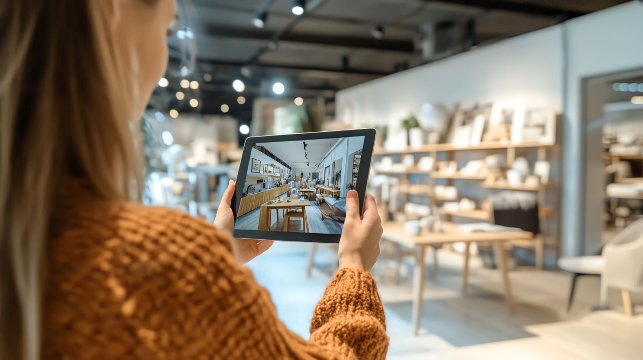 Frau mit Tablet betrachtet digitale Vorschau von Einrichtungsideen inklusive TV Schrankloesungen in einem modernen Moebelgeschaeft