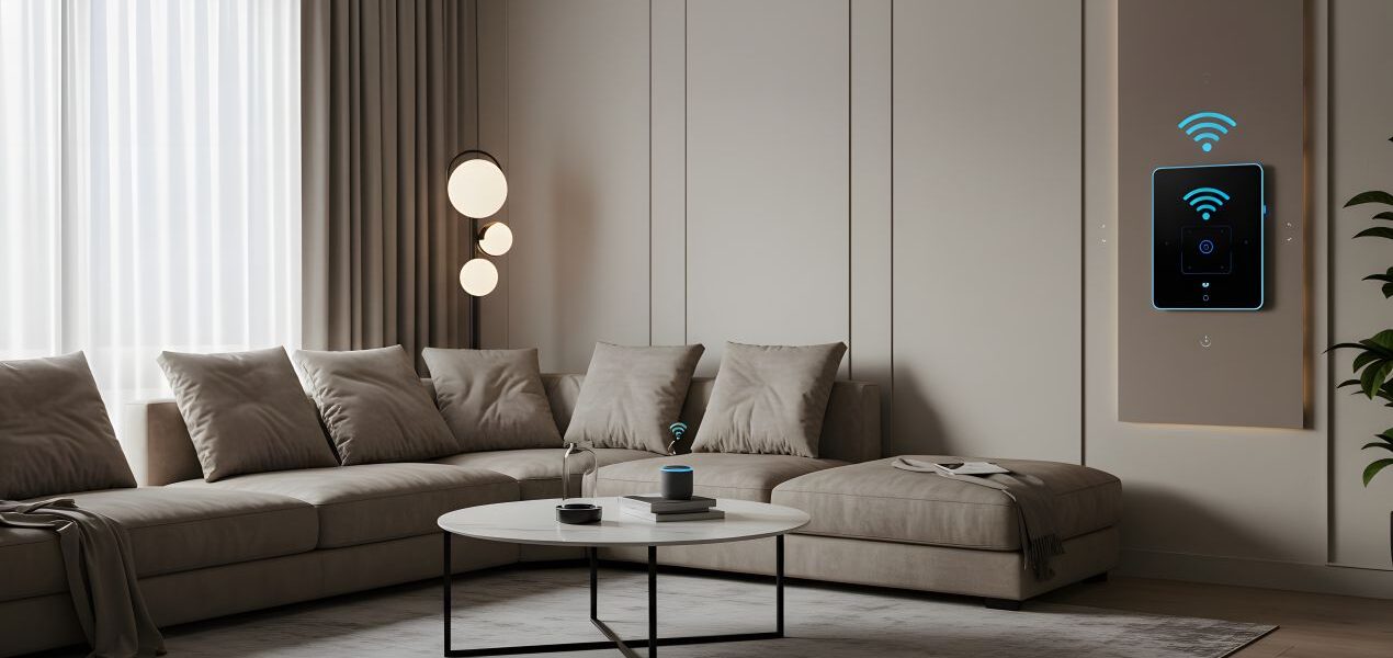 Minimalistisches Wohnzimmer mit Smart-Home-Bedieneinheit und TV Schrankkonzept fuer moderne Medienintegration und Vernetzung