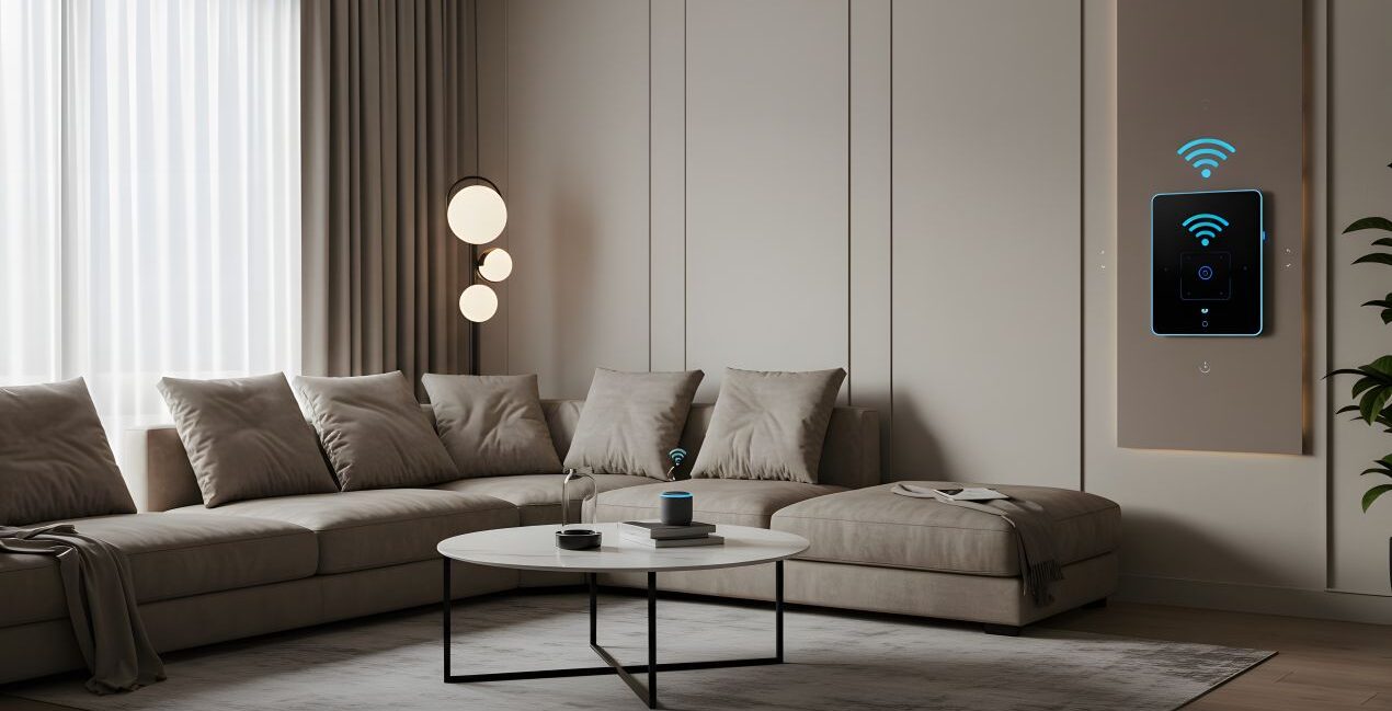 Minimalistisches Wohnzimmer mit Smart-Home-Bedieneinheit und TV Schrankkonzept fuer moderne Medienintegration und Vernetzung
