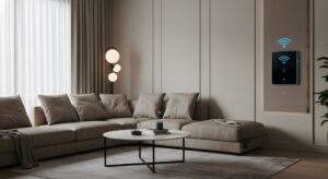 Minimalistisches Wohnzimmer mit Smart-Home-Bedieneinheit und TV Schrankkonzept fuer moderne Medienintegration und Vernetzung