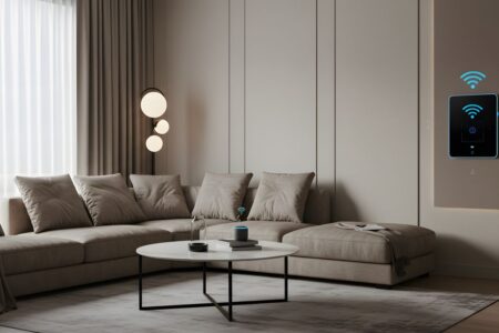 Minimalistisches Wohnzimmer mit Smart-Home-Bedieneinheit und TV Schrankkonzept fuer moderne Medienintegration und Vernetzung